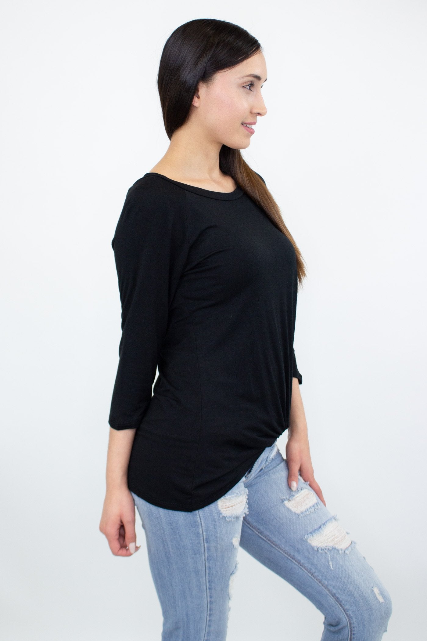 Black twisted front comfortable top from Yellow Hera, casual clothing with a relaxed fit and stylish design.