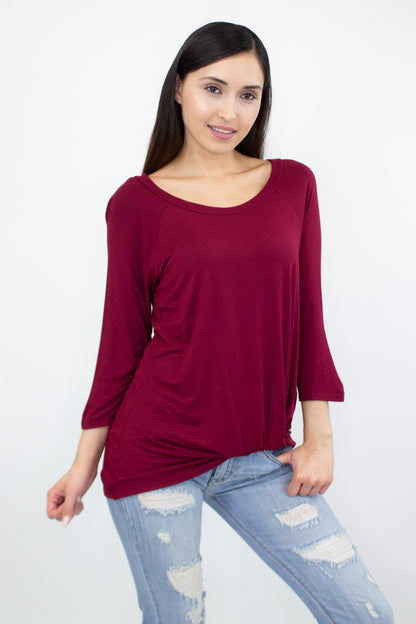 Yellow Hera Twisted Front Comfortable Top in wine, showcasing a stylish design with a twisted front detail and soft fabric.