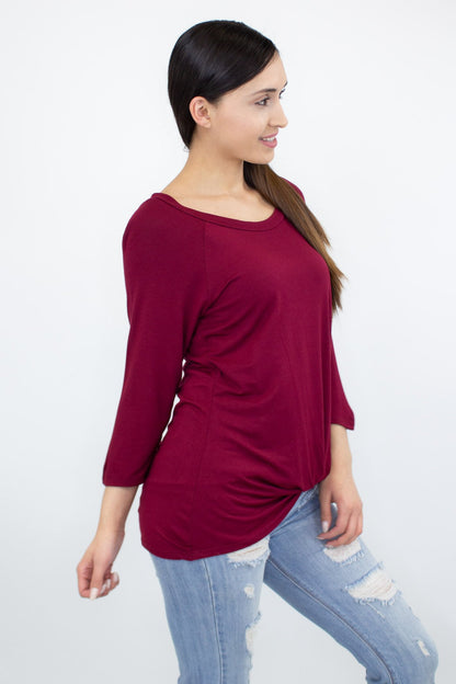 Yellow Hera twisted front comfortable wine-colored top, casual clothing with stylish design, shown on a model.
