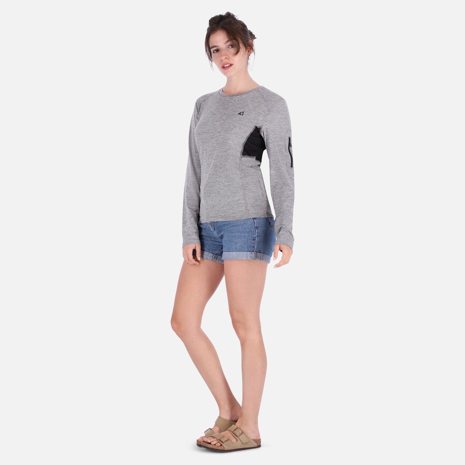 Women’s Gray QuickDry LS Shirt by Rose Hemera, athletic long-sleeve activewear top with moisture-wicking fabric.