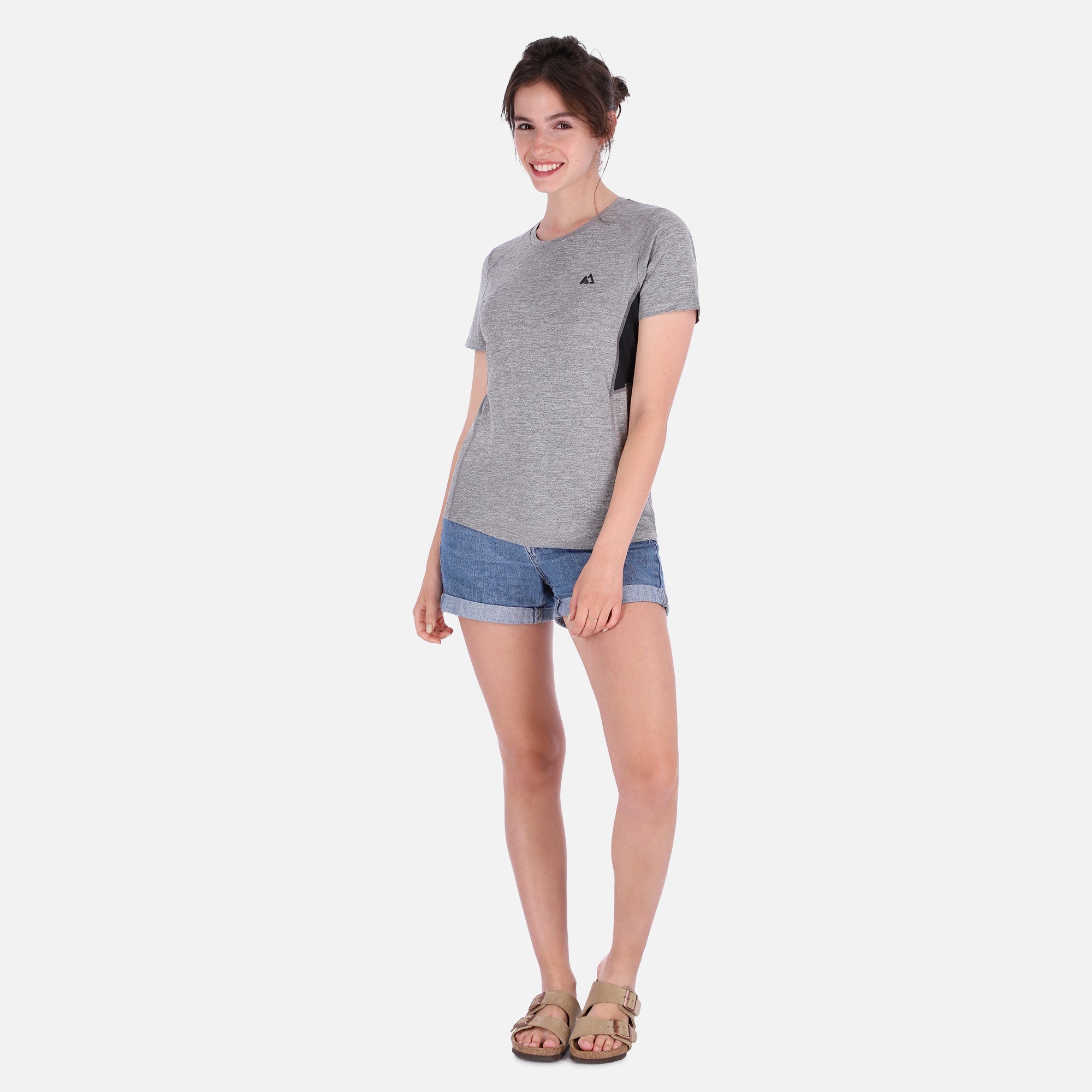 Gray QuickDry activewear shirt for women by Rose Hemera, lightweight T-shirt with short sleeves.
