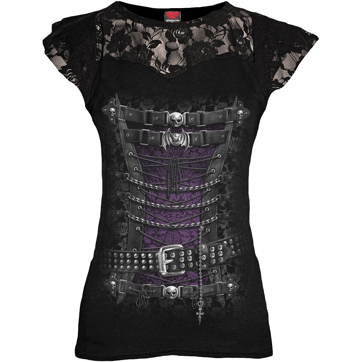 Black Jasper waist corset with lace layered cap sleeve top in black, featuring fitted design and detailed lace accents.