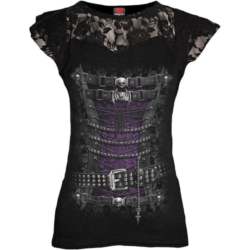 Black Jasper waist corset top with lace layers and cap sleeves, featuring a fitted black blouse design.