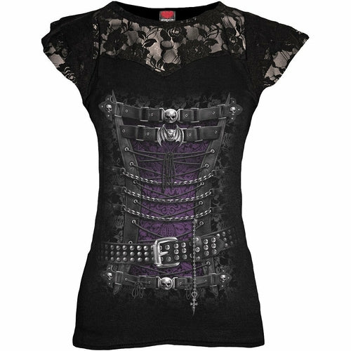 Black Jasper waist corset top with lace layered cap sleeves in black, featuring a fitted design and stylish details.