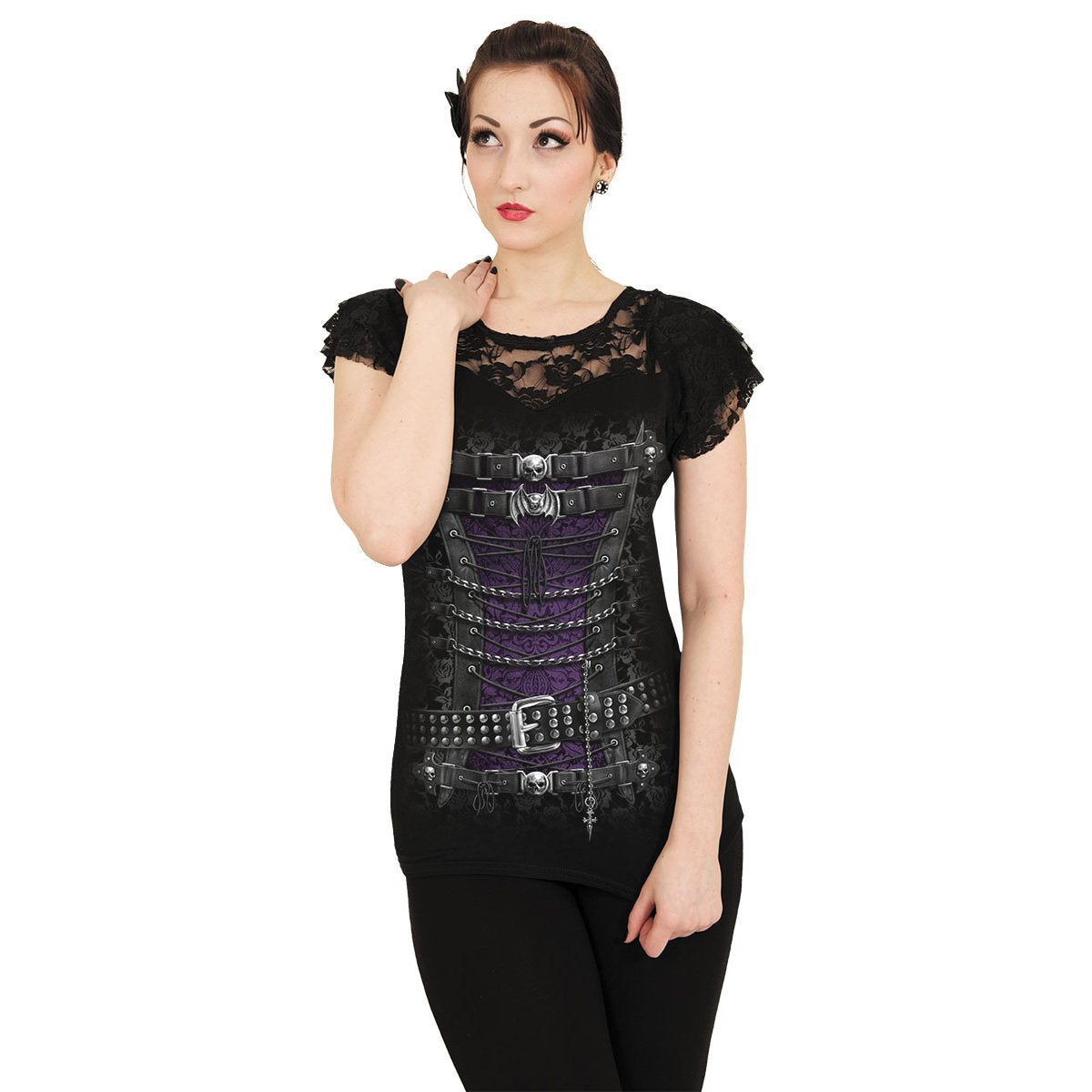 Black Jasper waist corset with lace layered cap sleeve top in black, stylish and form-fitting for trendy casual wear.