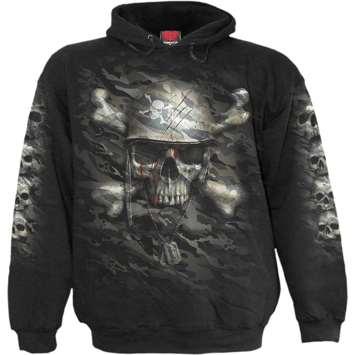 Black Jasper CAMO-SKULL black hoodie featuring a camo skull design, made of comfortable sweater material.