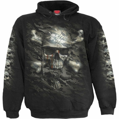 Black Jasper CAMO-SKULL black hoodie with camo skull graphic, casual sweater with drawstring hood and front pocket.