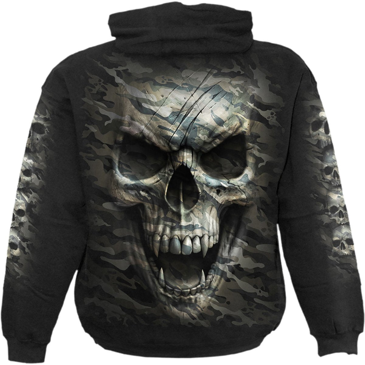 Black Jasper CAMO-SKULL black hoodie featuring a camo skull graphic, cozy sweater for casual and streetwear styles.