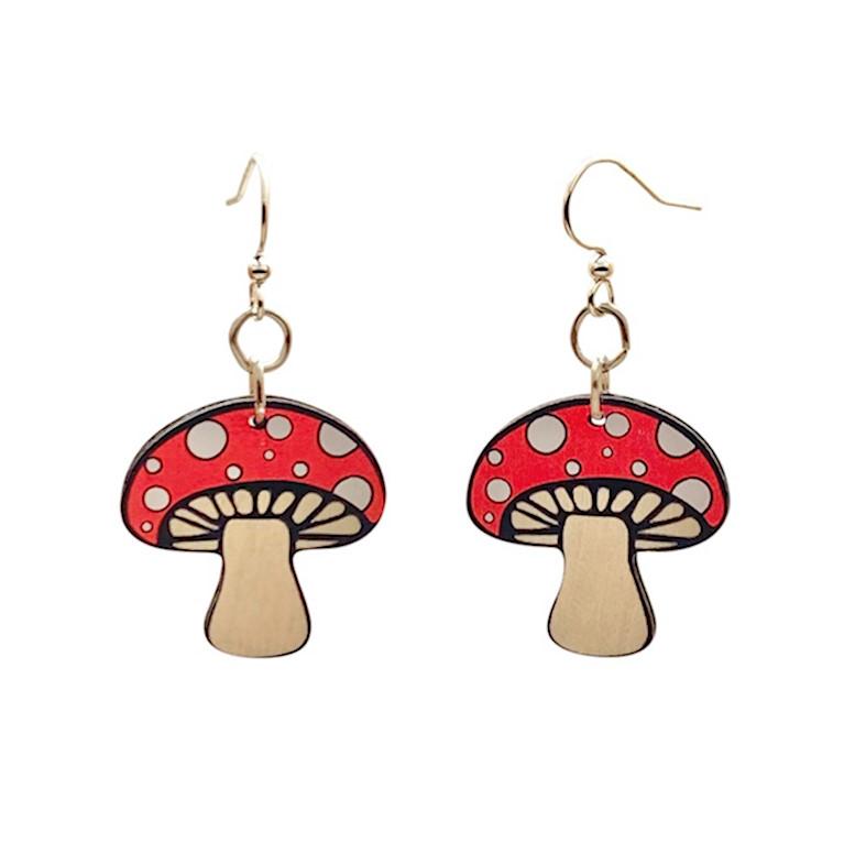 Red Sunflower mushroom earrings featuring charming mushroom-shaped dangle jewelry with vibrant red caps and delicate hooks.