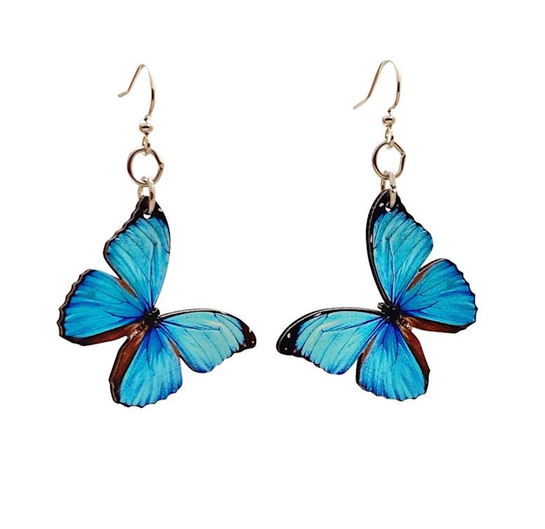 Blue butterfly earrings by Red Sunflower featuring delicate butterfly designs on polished metal hooks.
