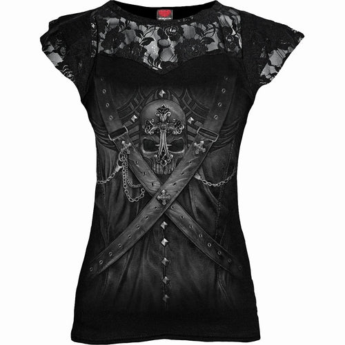 Black Jasper lace layered cap sleeve top in black with strap accents, featuring a stylish layered design and cap sleeves.
