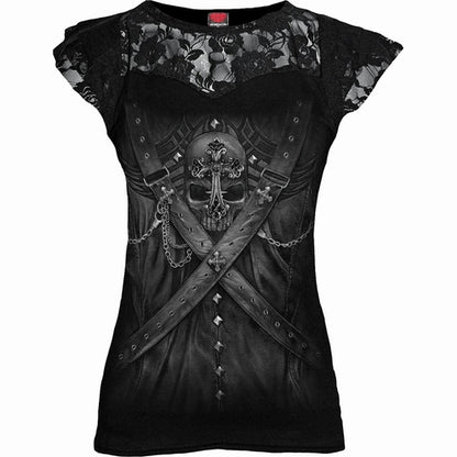 Black Jasper lace layered cap sleeve top in black with strap accents, featuring a stylish layered design and cap sleeves.