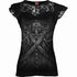 Black Jasper lace layered cap sleeve top in black with strap accents, featuring a stylish layered design and cap sleeves.