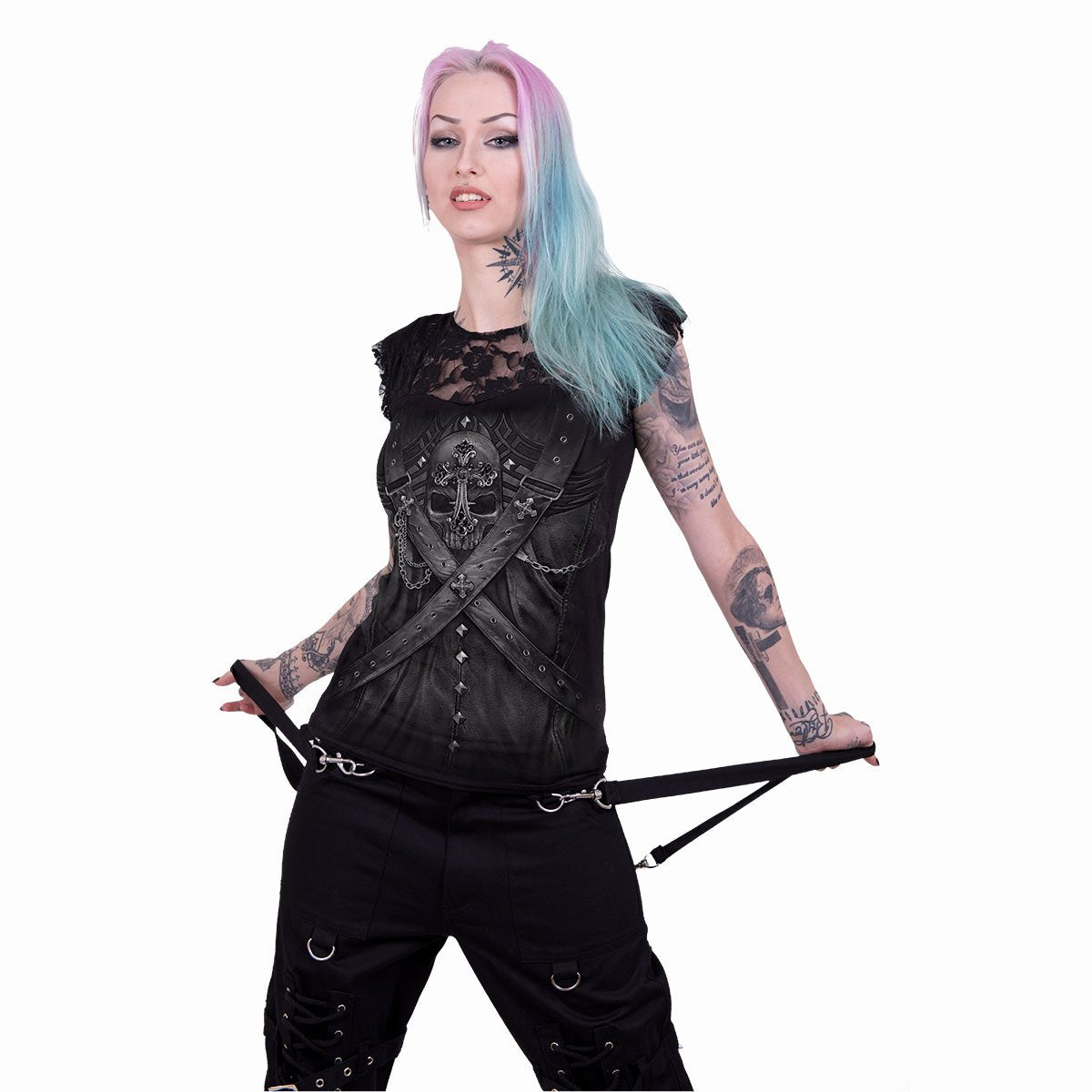 Black Jasper STRAPPED lace layered cap sleeve top in black, featuring a stylish strap design and cap sleeves.