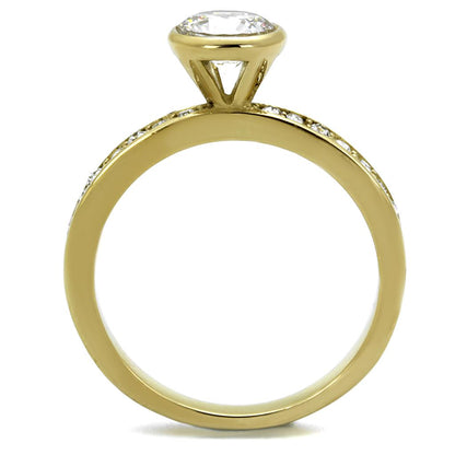 Turquoise Tiger TK2254 gold ion-plated stainless steel ring with AAA grade cubic zirconia, showcasing a sleek jewelry design.