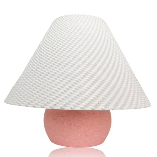 Pink Aurora Weave portable table lamp by Azure Pontus with a woven design and soft glowing light.