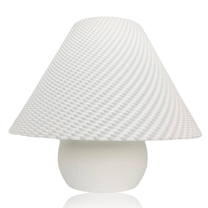 White Aurora Weave portable table lamp by Azure Pontus with a woven design, perfect for ambient lighting and modern decor.