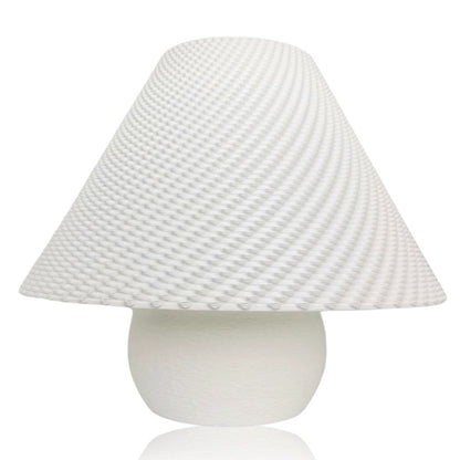 White Aurora Weave portable table lamp by Azure Pontus with a woven design, perfect for ambient lighting and modern decor.