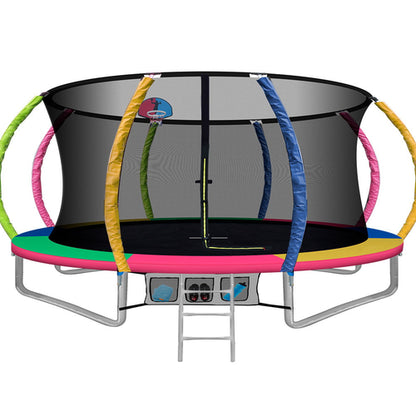 Ozdingo Everfit 14ft kids trampoline with safety ladder and basketball hoop for outdoor fun and exercise in the home and garden.
