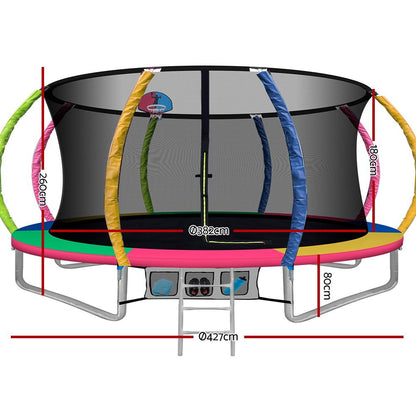 Ozdingo Everfit 14ft kids trampoline with ladder and basketball hoop in a backyard setting, showing the jump surface and safety enclosure.