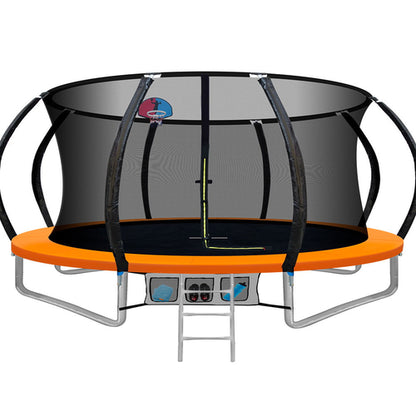 Ozdingo 14ft Everfit kids trampoline with safety enclosure, ladder, and basketball hoop for outdoor home use.