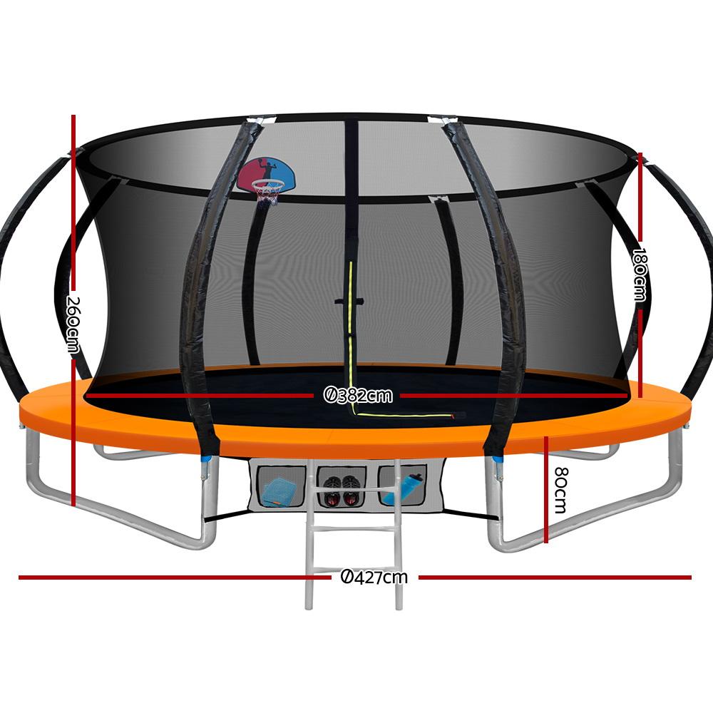 14ft Everfit kids trampoline with ladder and basketball hoop, outdoor rebounder for home and garden play.