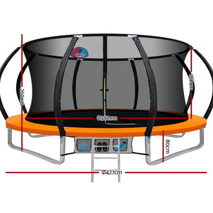 14ft Everfit kids trampoline with ladder and basketball hoop, outdoor rebounder for home and garden play.