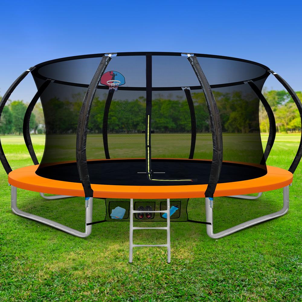 14ft Everfit kids trampoline with ladder and basketball hoop, outdoor rebounder for home and garden play by Ozdingo.