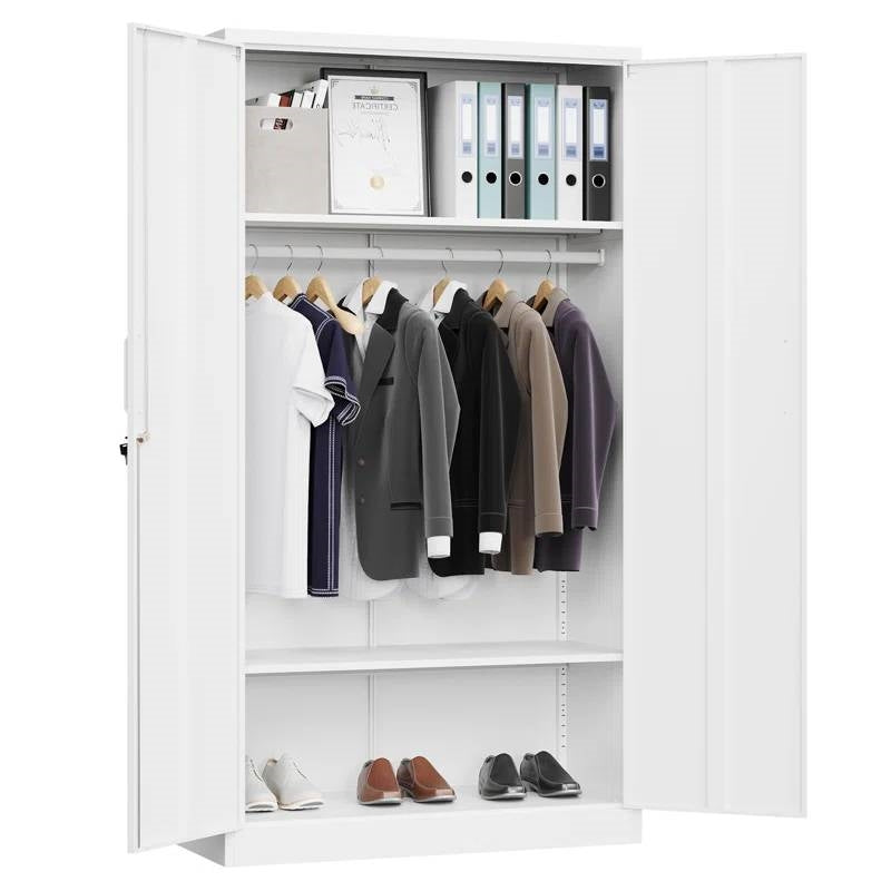 White Metal Locking Wardrobe Armoire Cabinet with Clothing Hanging Rod