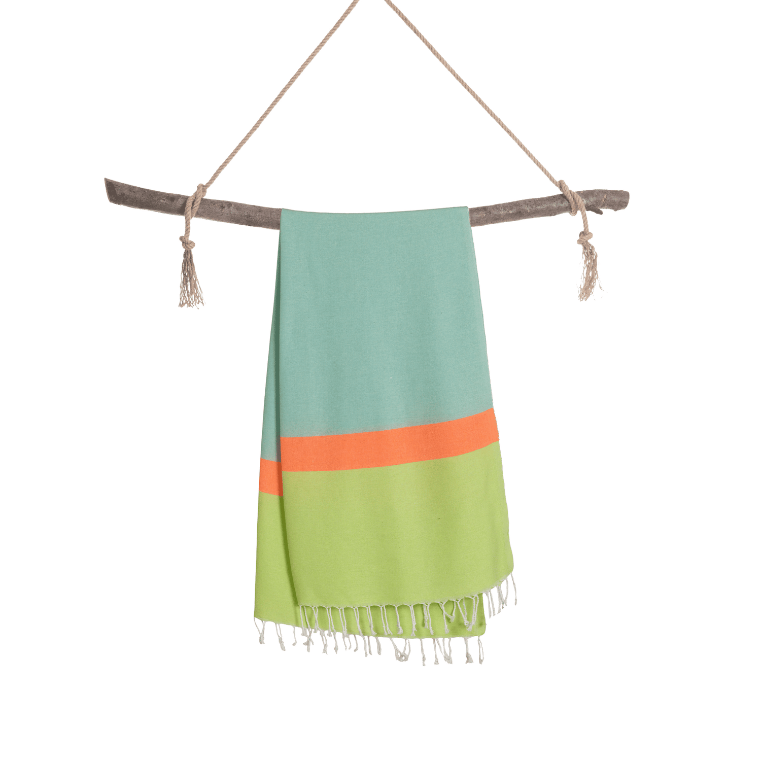 Neon mint and lime 2-in-1 hammam towel and bag made from recycled cotton by Copper Amymone, with a vibrant design.