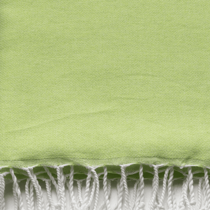 Neon mint and lime 2-in-1 hammam towel bag made of recycled cotton by Copper Amymone, showcasing vibrant colors and compact design.