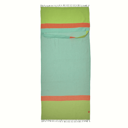 Neon mint and lime 2-in-1 hammam towel bag made from recycled cotton, from Copper Amymone, featuring vibrant color and soft texture.