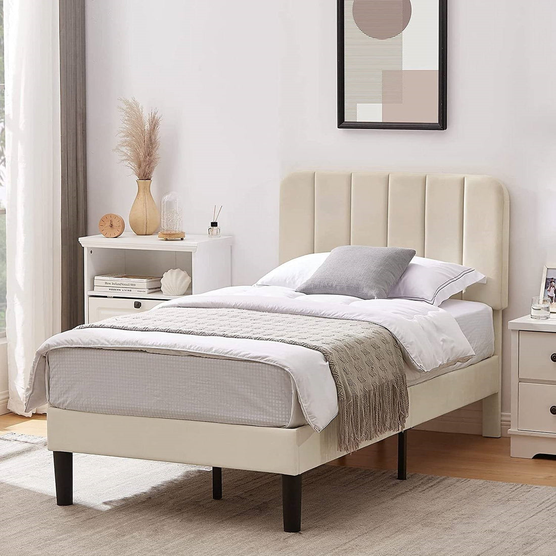 Twin size Beige Upholstered Platform Bed Frame with Headboard