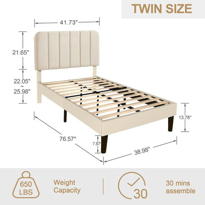 Twin size Beige Upholstered Platform Bed Frame with Headboard