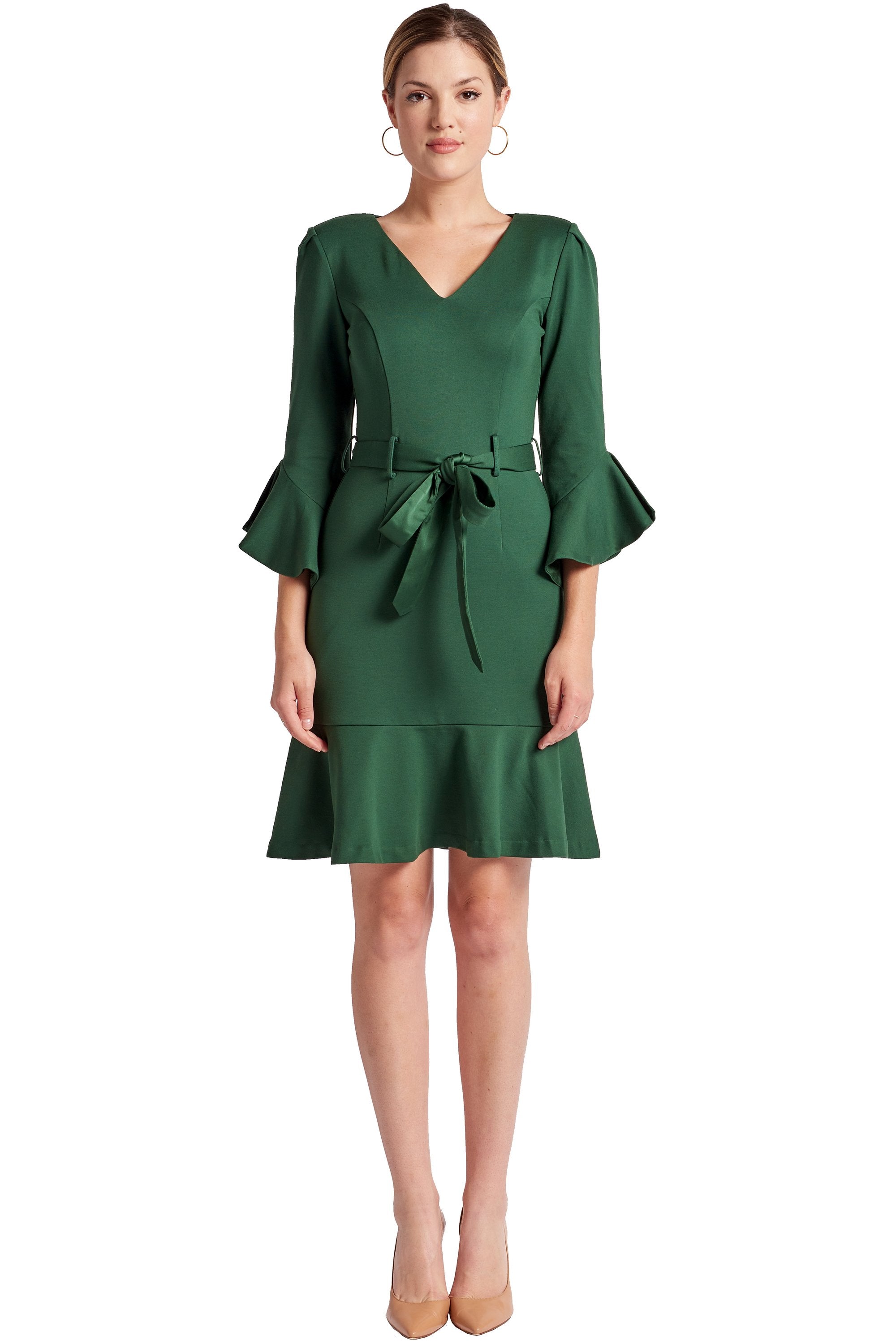 Peach Dionysus Tayte dress featuring a v-neck, 3/4 sleeves, and ruffle accents in a stylish, flowy design.