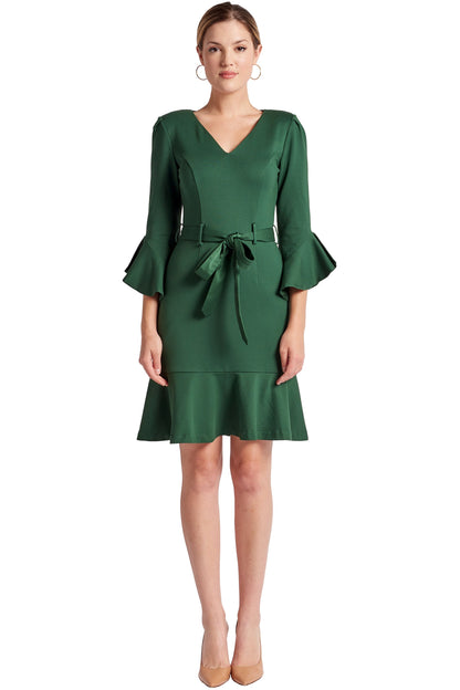 Peach Dionysus Tayte dress featuring a v-neck, 3/4 sleeves, and ruffle accents in a stylish, flowy design.
