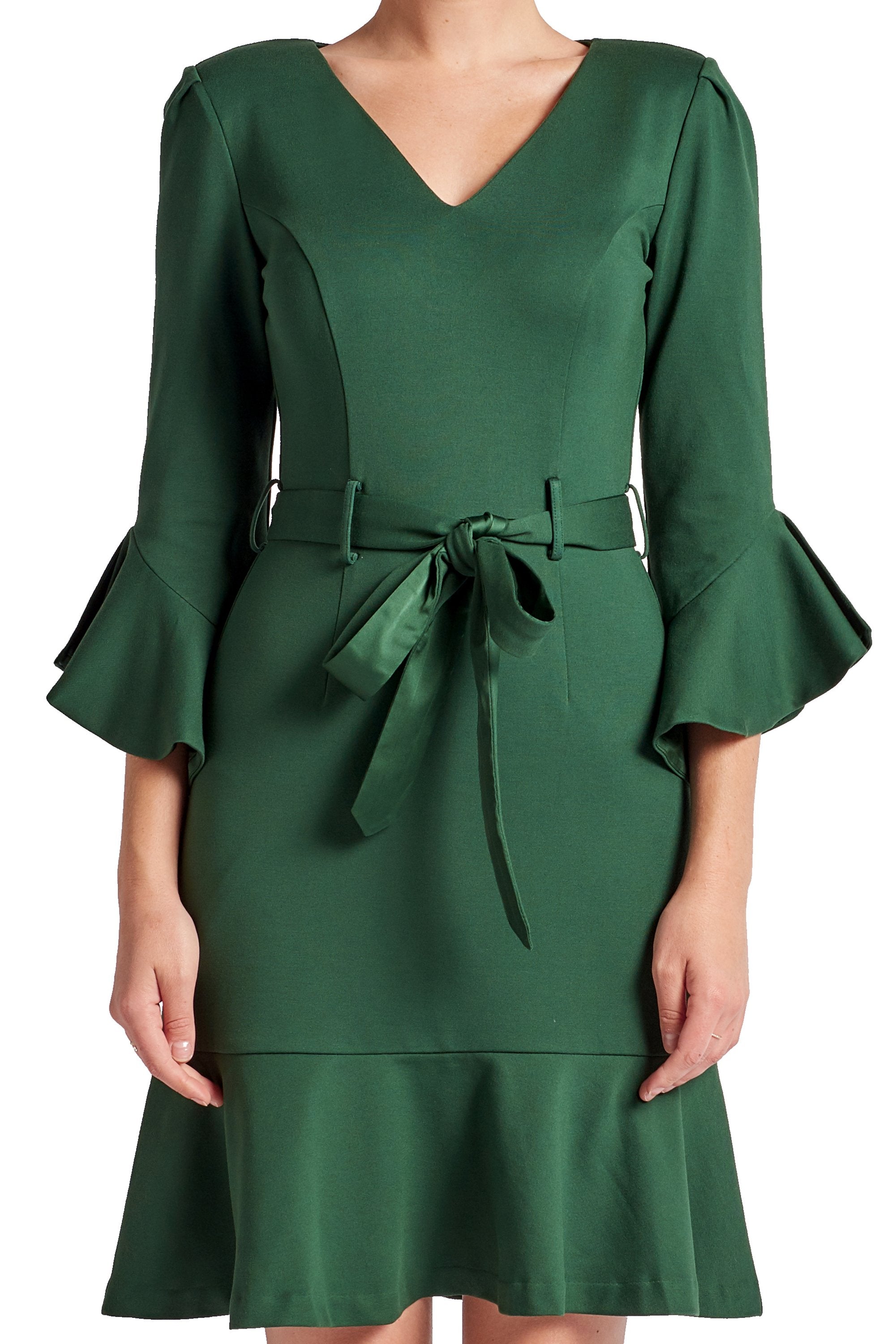 Peach Dionysus Tayte V-neck dress with 3/4 sleeves, ruffle accents, and self-tie waist, close-up front view.