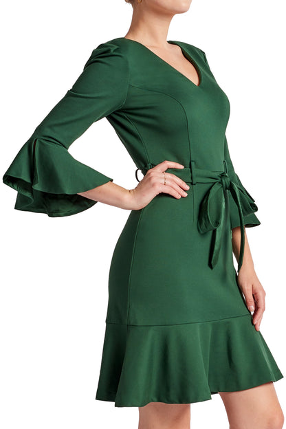 Peach Dionysus Tayte V-neck dress with 3/4 sleeves and ruffle accents, shown in a side close-up view.