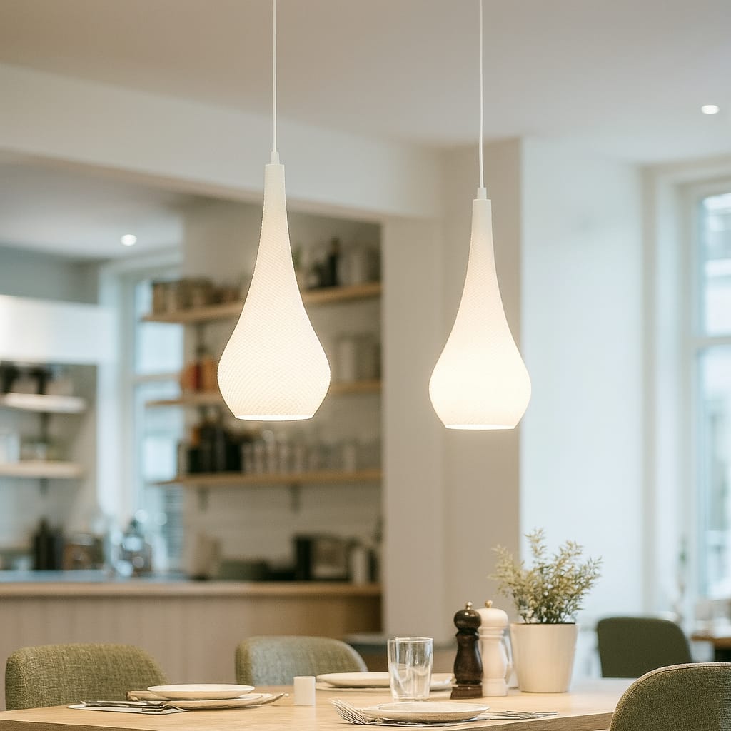Azure Pontus Teardrop Edition pendant lamp hanging from ceiling with sleek glass teardrop design in a modern lighting fixture.