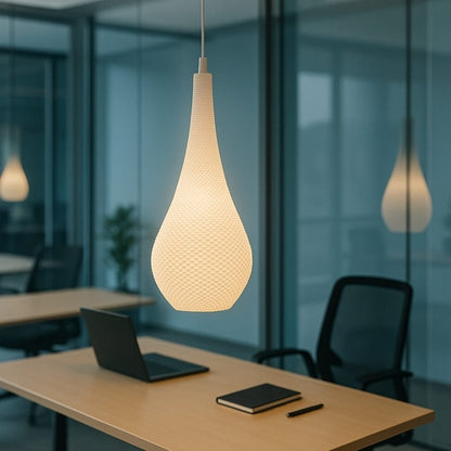 Azure Pontus Teardrop Edition pendant lamp hanging with a smooth glass teardrop shape and modern lighting design.