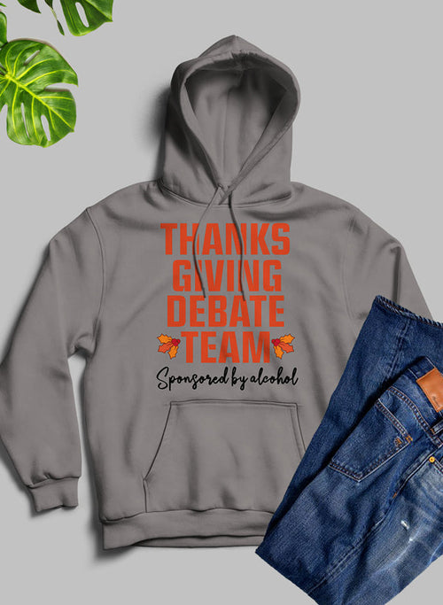 Black Thanksgiving Debate Team hoodie by Jade Thalassa featuring festive design and comfortable cotton fabric.