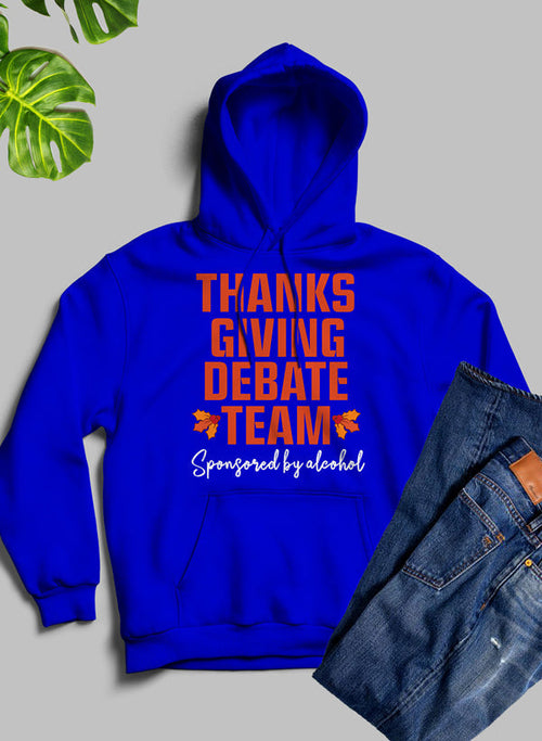 Jade Thalassa Thanksgiving Debate Team hoodie displayed with front view, featuring festive design and comfortable fabric.