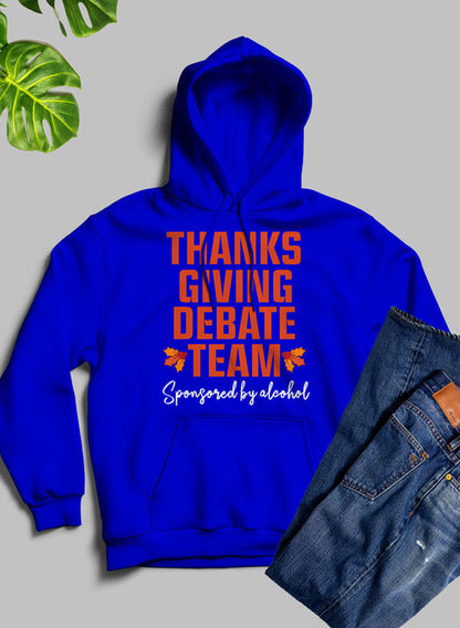 Jade Thalassa Thanksgiving Debate Team hoodie displayed with front view, featuring festive design and comfortable fabric.