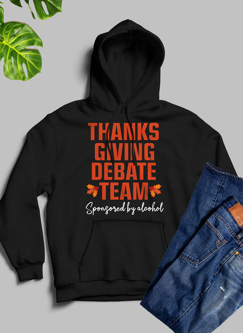 Jade Thalassa Thanksgiving Debate Team hoodie featuring festive fall colors and team logo on the front.