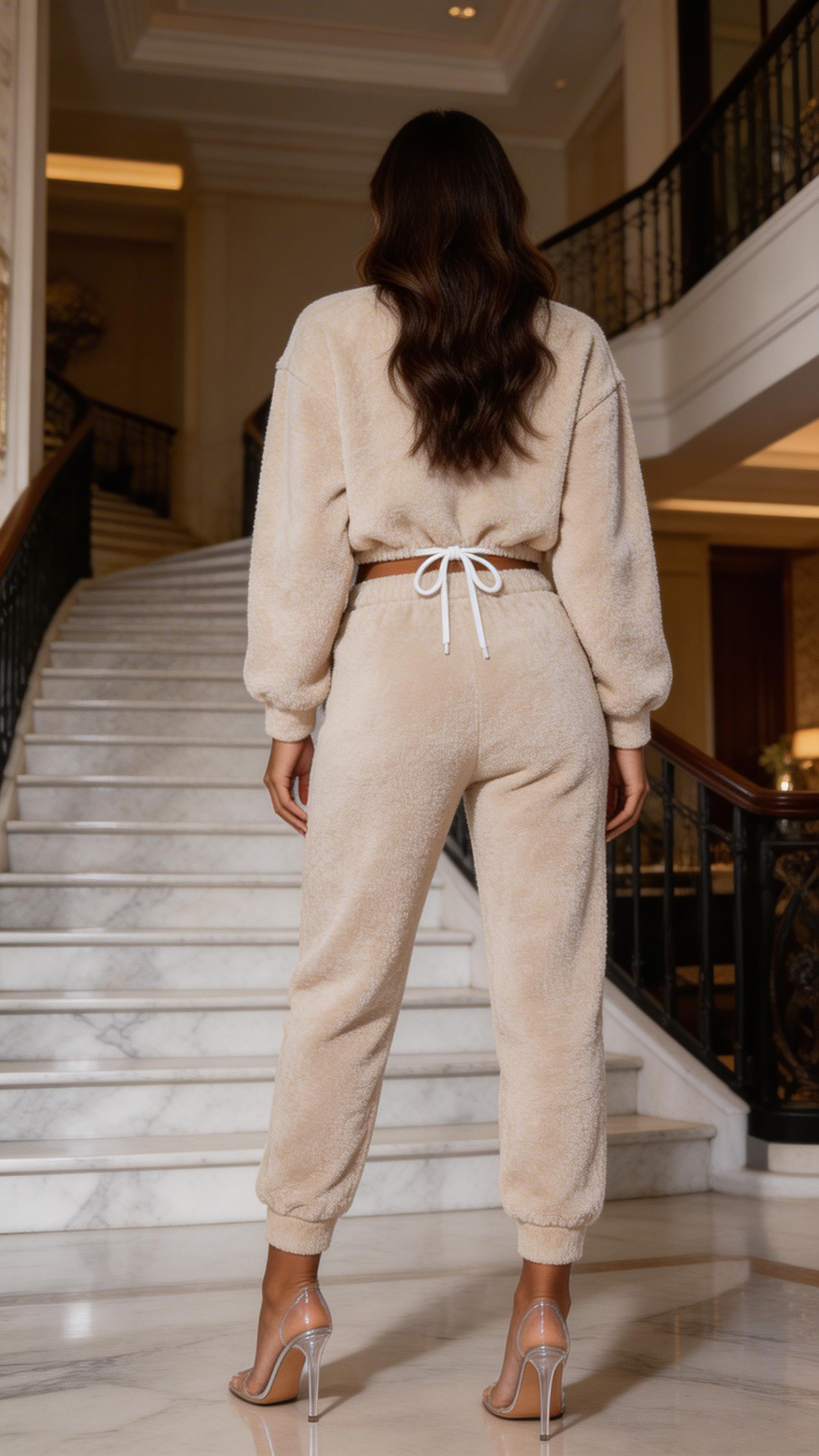 Fuchsia Erebus beige teddy borg cropped top and jogger lounge set, shown in a stylish, cozy fabric with a relaxed fit.