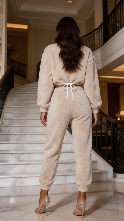 Fuchsia Erebus beige teddy borg cropped top and jogger lounge set, shown in a stylish, cozy fabric with a relaxed fit.