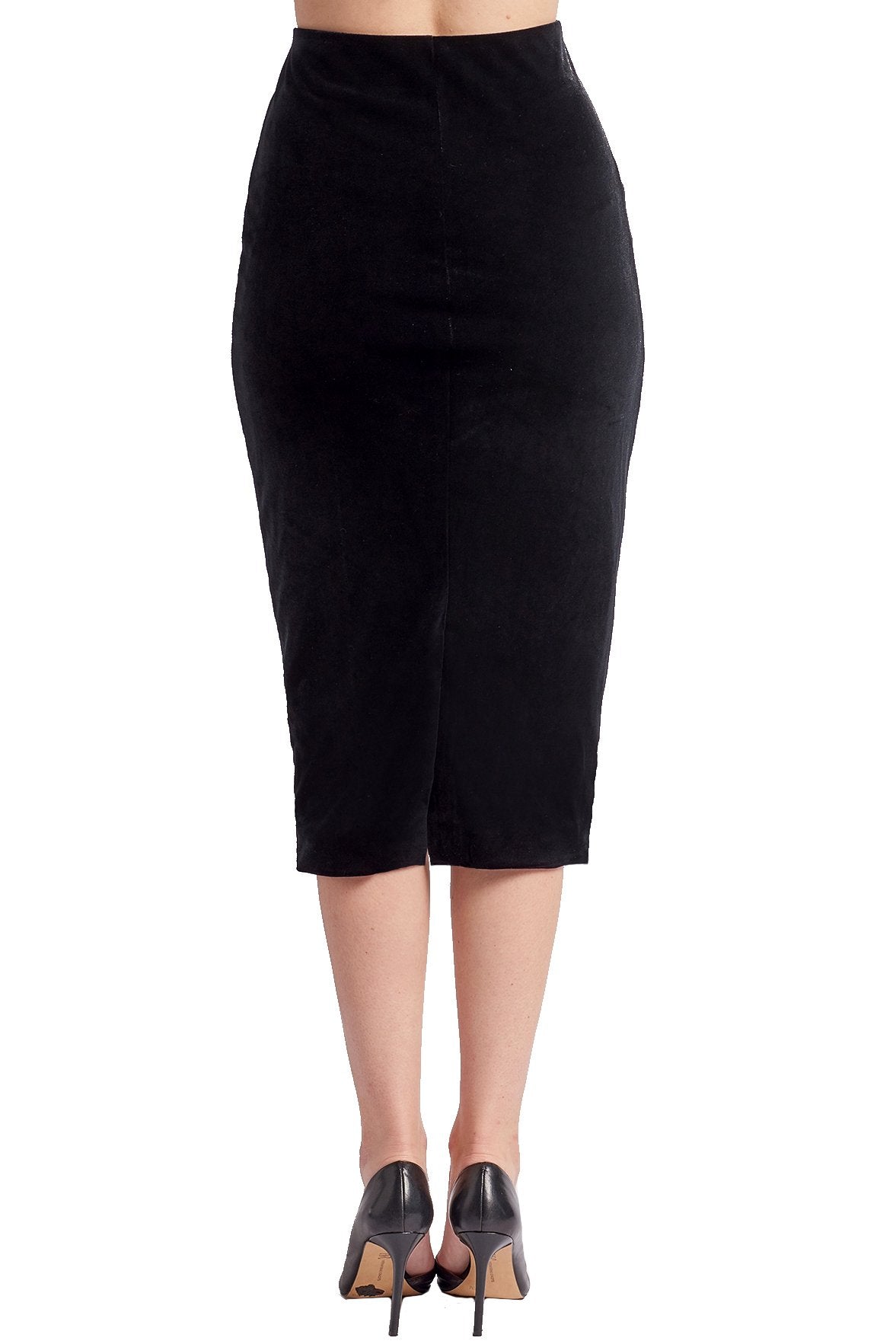 Black stretch velvet Tia Skirt by Peach Dionysus, shown from the back with a fitted pencil silhouette and smooth fabric texture.