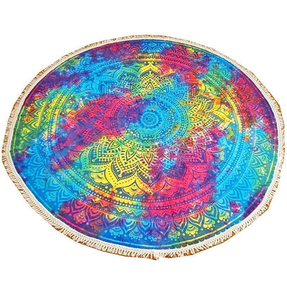 Colorful tie-dye ombre round mandala tapestry wall art with star design, crafted by Silver Hestia, suitable for home decor.