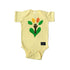 Yellow onesie for babies from Sky Blue Milo featuring a tree design, suitable for boys, in a close-up view.