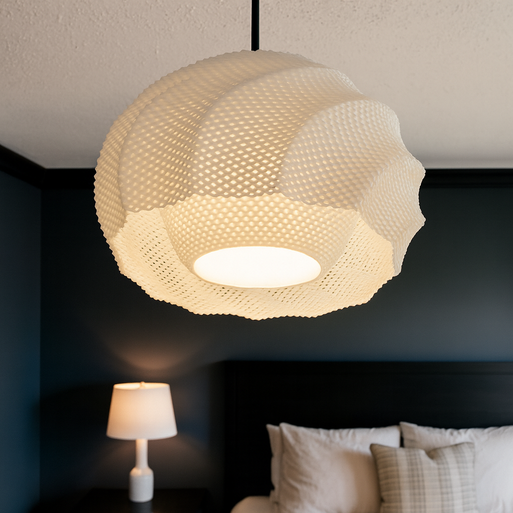 Azure Pontus Twist Glow Pendant Lamp hanging with a sleek, modern design, featuring a twisting glass shade for contemporary lighting.
